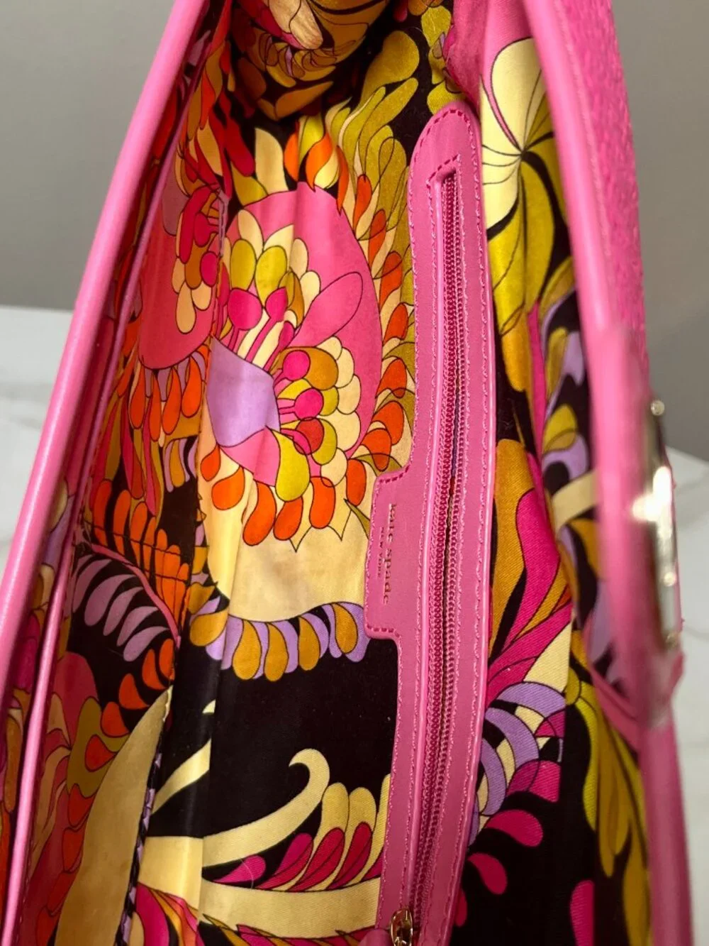Kate Spade NY Medium Woven Straw Leather Clutch Barbie Pink Floral Lining - Picture 10 of 11